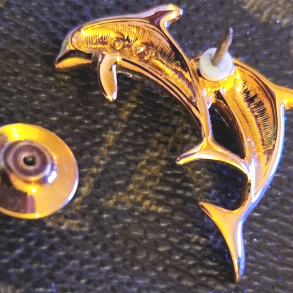 SWAROVSKI Double Dolphins Glitzy Tac Pin Sealife Flipper Rhinestones Gold Brooch - Picture 9 of 13